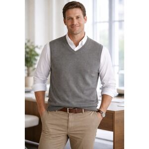 Lands' End Sweater Vest Mens XL Gray Supima Cotton V-Neck Classic Knit Layering